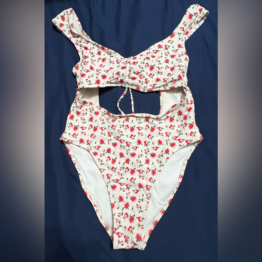 One piece swimsuit, cut outs, wide straps white with flowers medium size